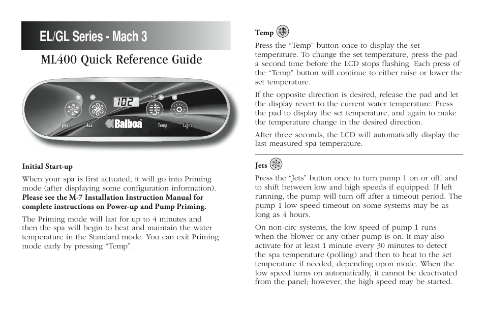 Balboa Water Group ML400 - Mach 3 Quick Reference Guide User Manual | 2 pages