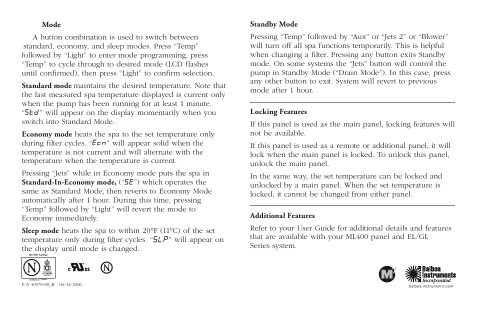 Balboa Water Group ML400 - Mach 3 Quick Reference Guide User Manual | Page 2 / 2