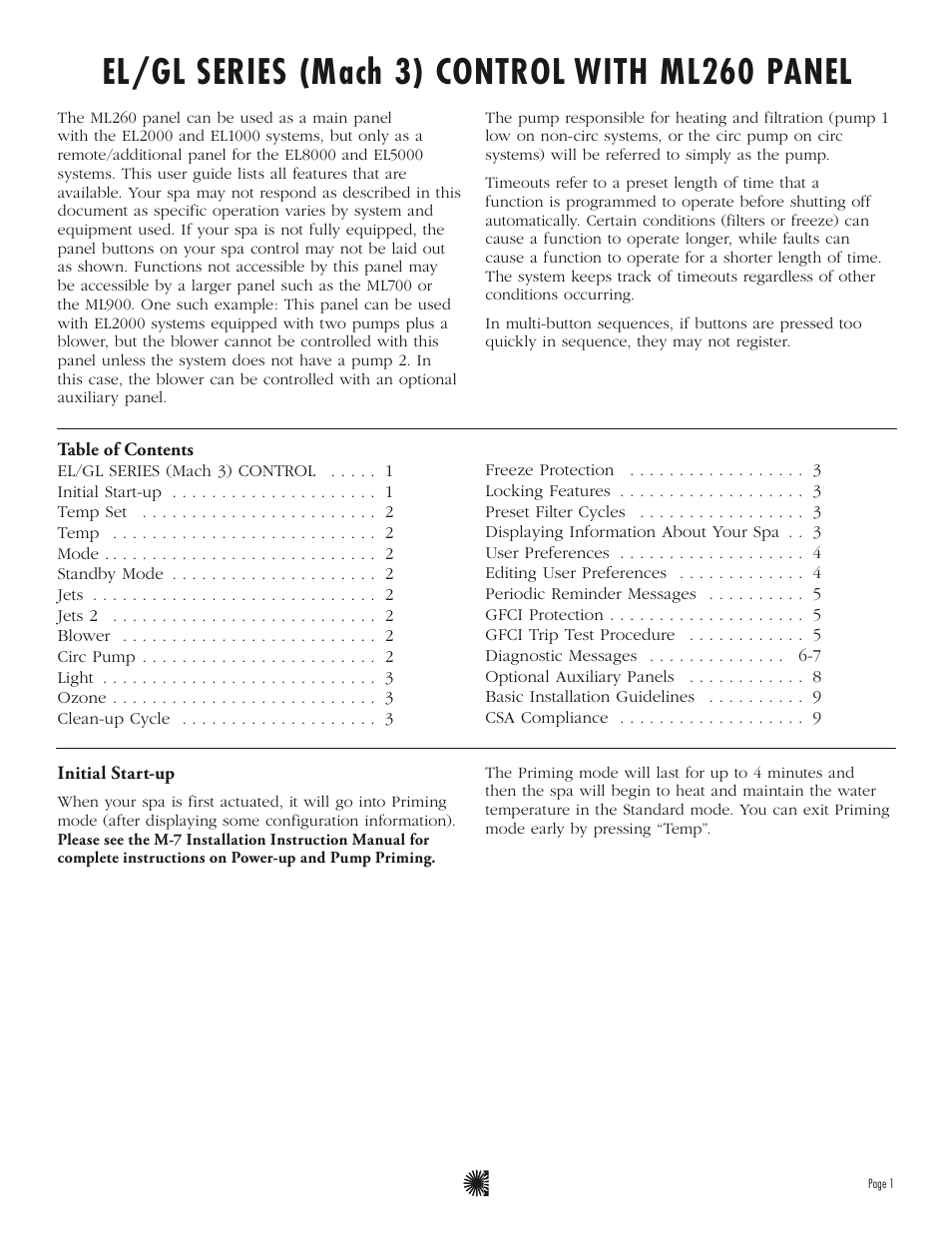 El/gl series (mach 3) control with ml260 panel | Balboa Water Group ML260 - Mach 3 User Guide User Manual | Page 3 / 12