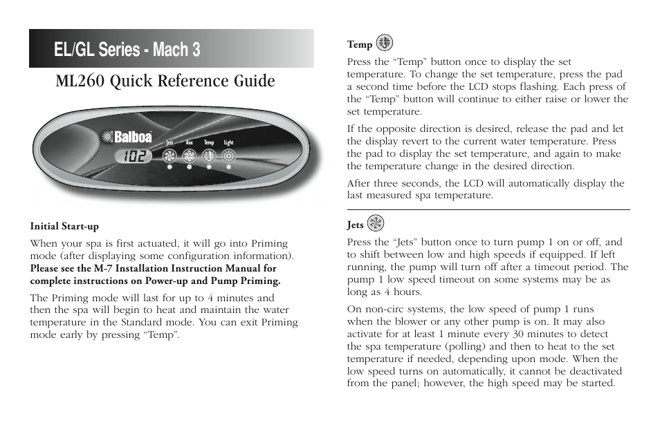 Balboa Water Group ML260 - Mach 3 Quick Reference Guide User Manual | 2 pages