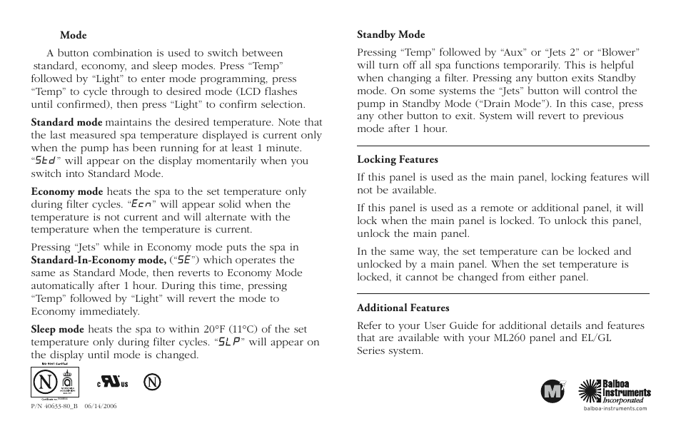Balboa Water Group ML260 - Mach 3 Quick Reference Guide User Manual | Page 2 / 2