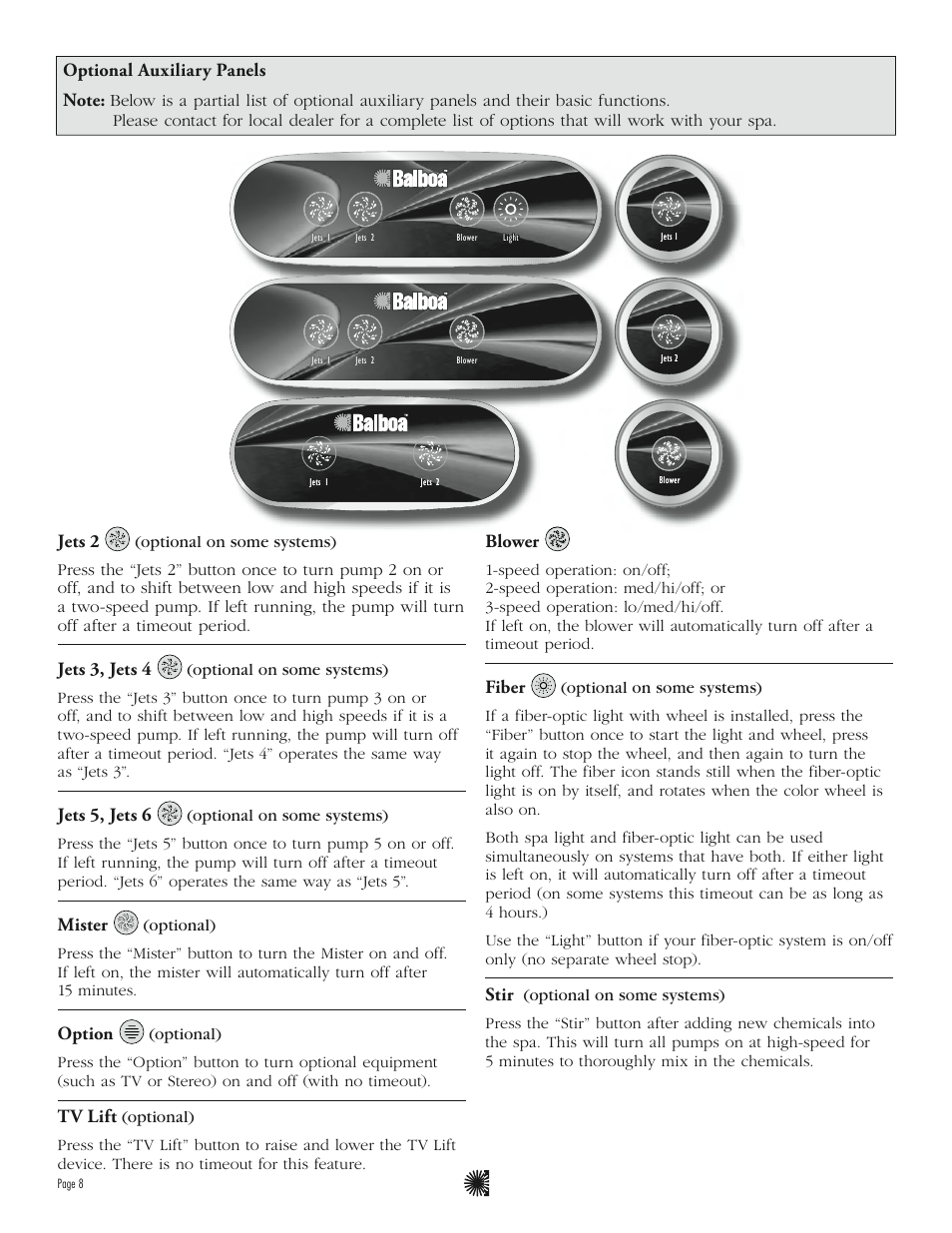 Jets 2, Jets 3, jets 4, Jets 5, jets 6 | Mister, Option, Tv lift, Blower, Fiber, Stir | Balboa Water Group ML240 - Mach 3 User Guide User Manual | Page 10 / 12