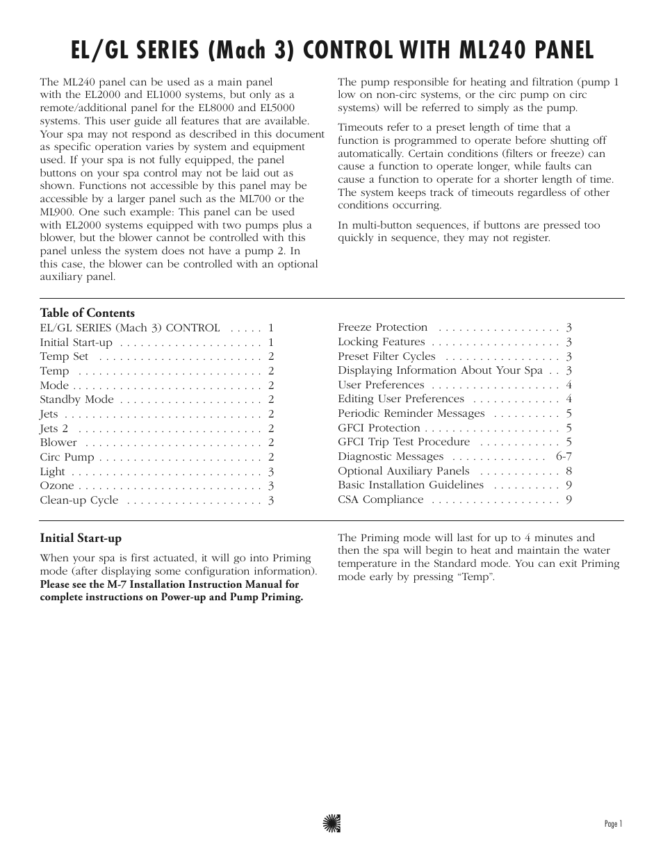 El/gl series (mach 3) control with ml240 panel | Balboa Water Group ML240 - Mach 3 User Guide User Manual | Page 3 / 12