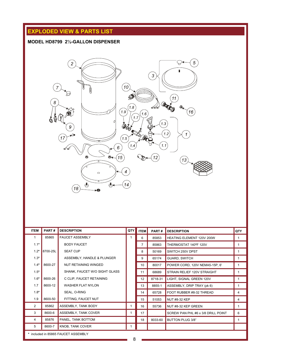 Exploded view & parts list | Bloomfield HD8799 User Manual | Page 10 / 14