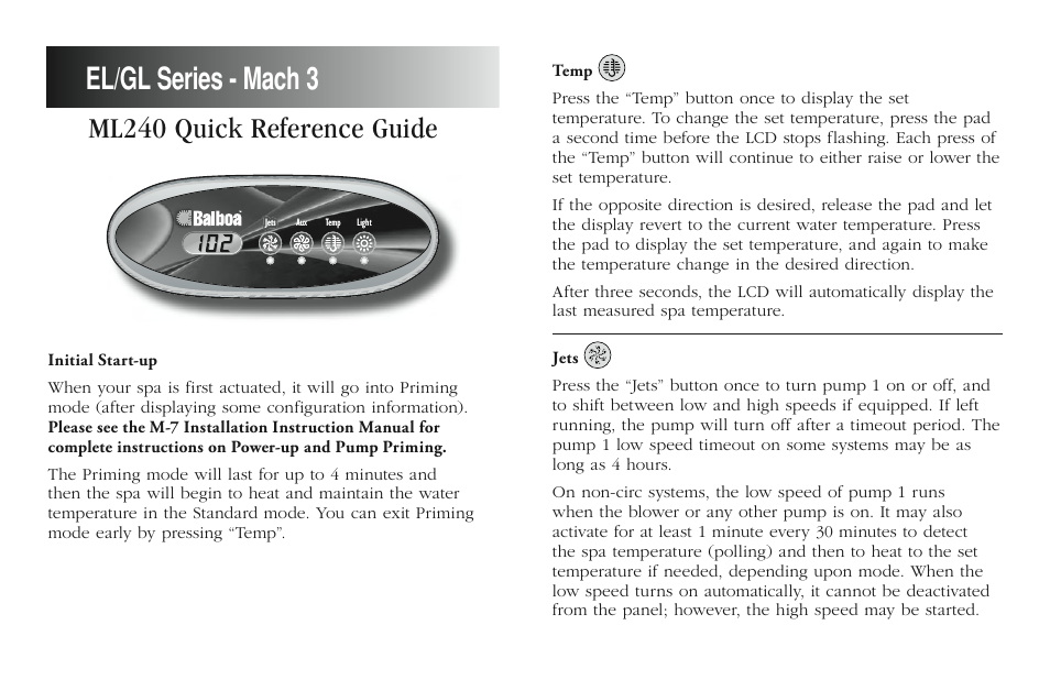 Balboa Water Group ML240 - Mach 3 Quick Reference Guide User Manual | 2 pages