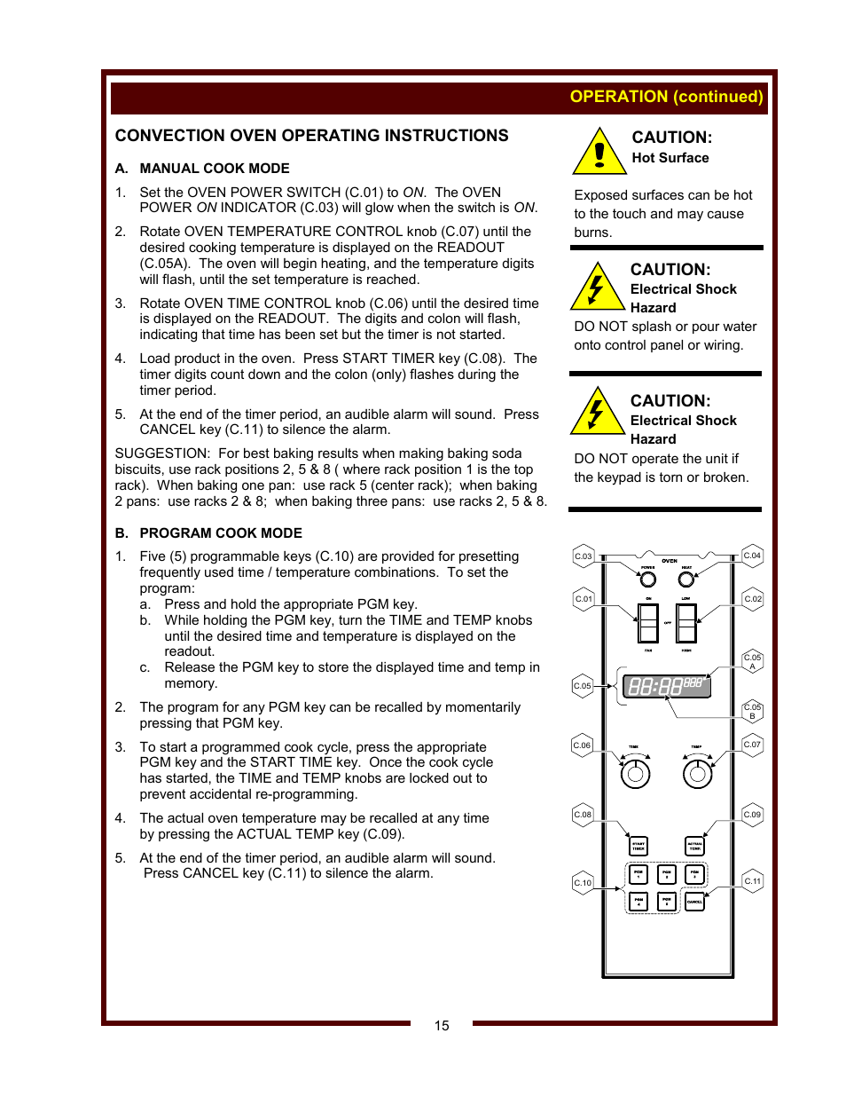 Operation (continued), Convection oven operating instructions, Caution | Bloomfield WVOC-2HSG User Manual | Page 17 / 34