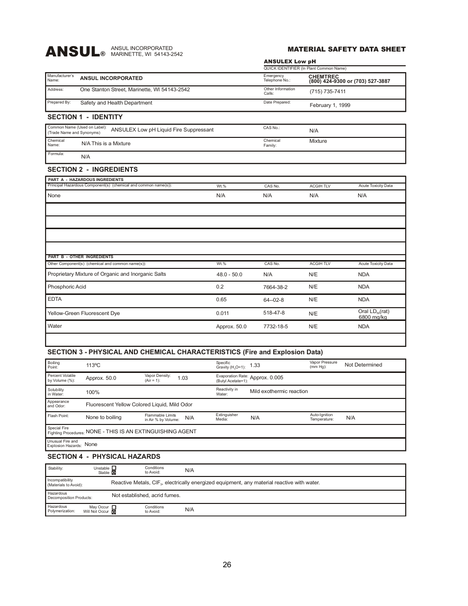 Ansul, Material safety data sheet | Bloomfield WVOC-2HSG User Manual | Page 28 / 34