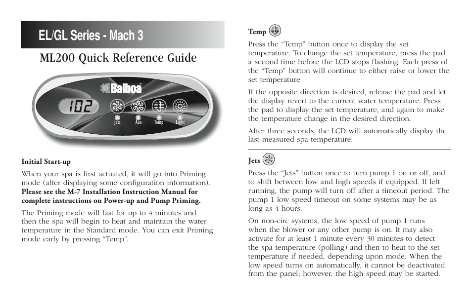 Balboa Water Group ML200 - Mach 3 Quick Reference Guide User Manual | 2 pages