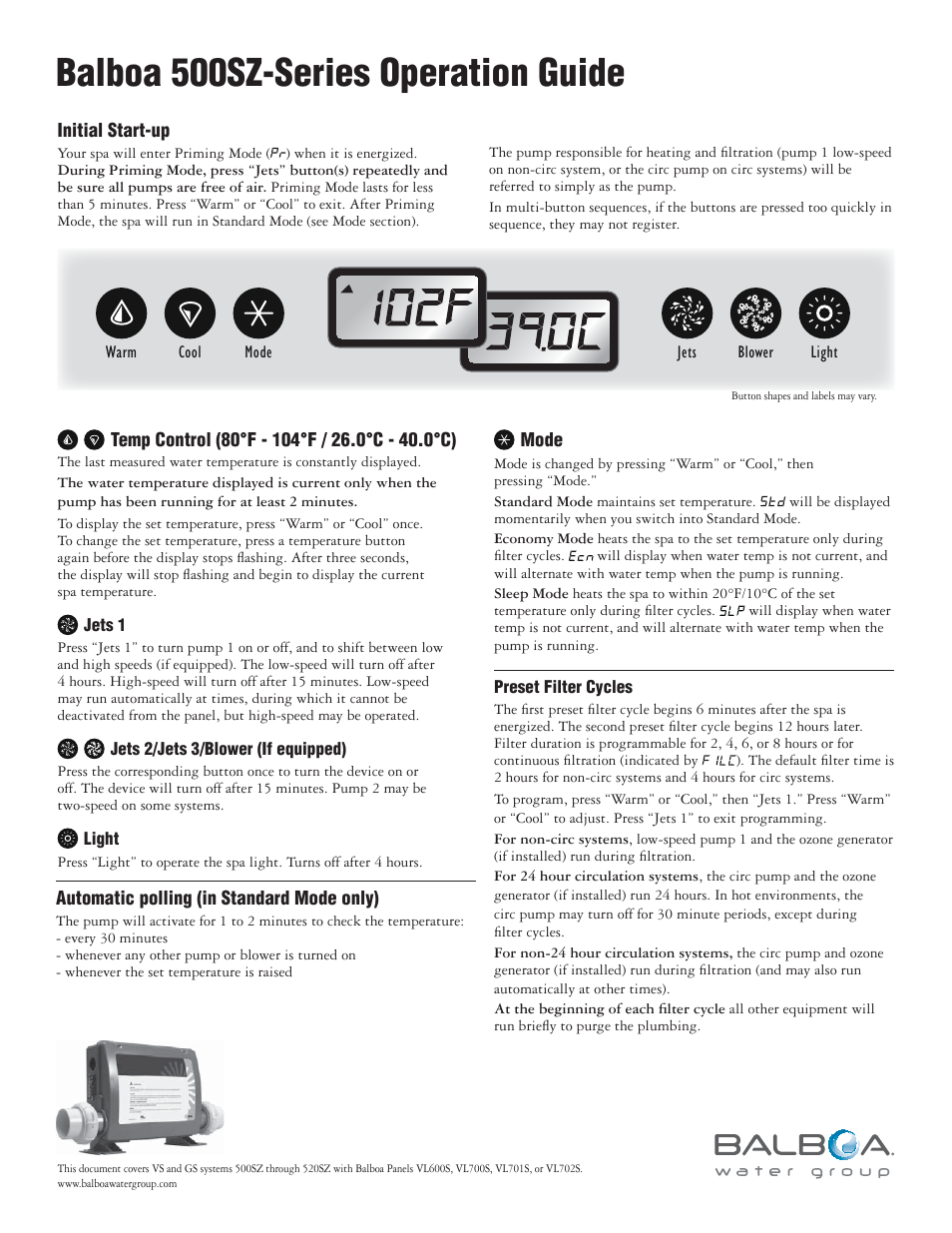 Balboa Water Group 500SZ-Series User Manual | 2 pages