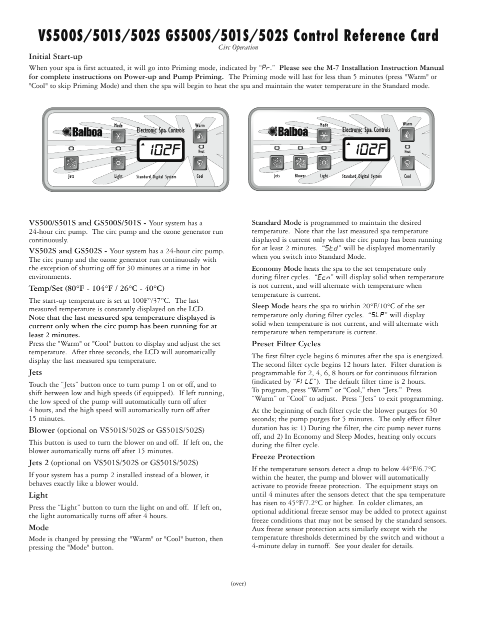 Balboa Water Group GS502S Control Reference Card User Manual | 2 pages