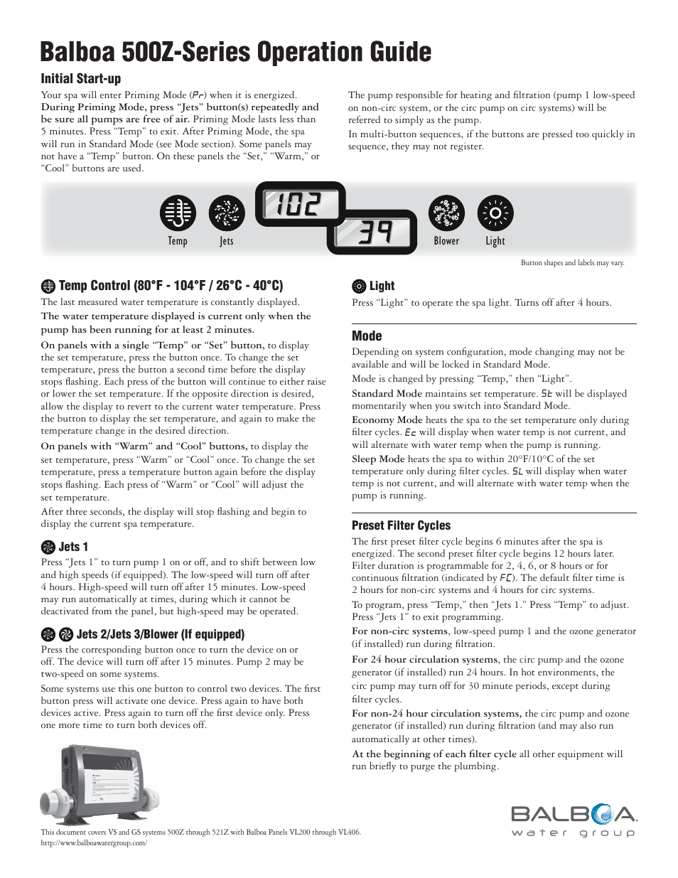 Balboa Water Group 500Z-Series User Manual | 2 pages