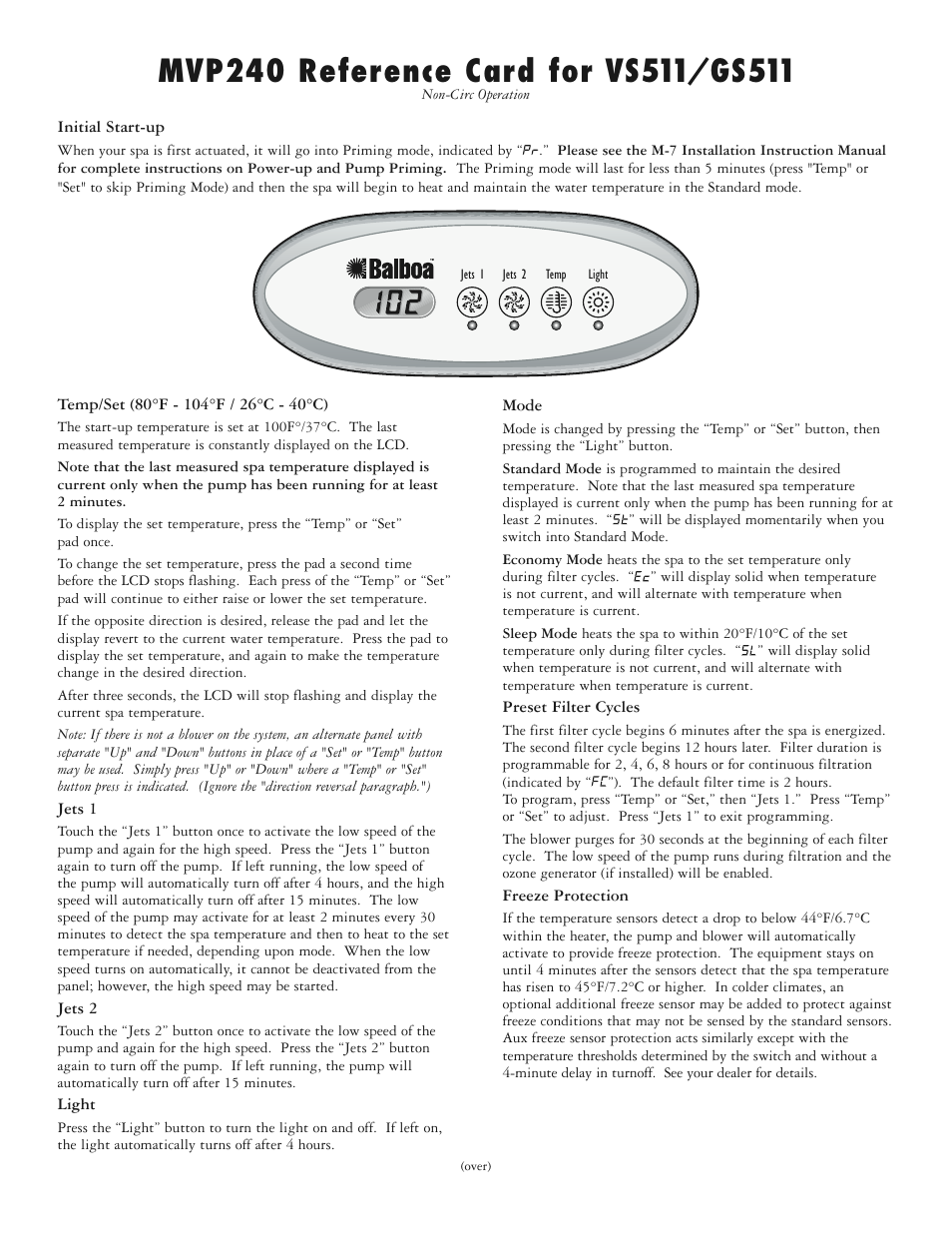Balboa Water Group MVP240 Reference Card for VS511/GS511, Non-Circ Operation User Manual | 2 pages