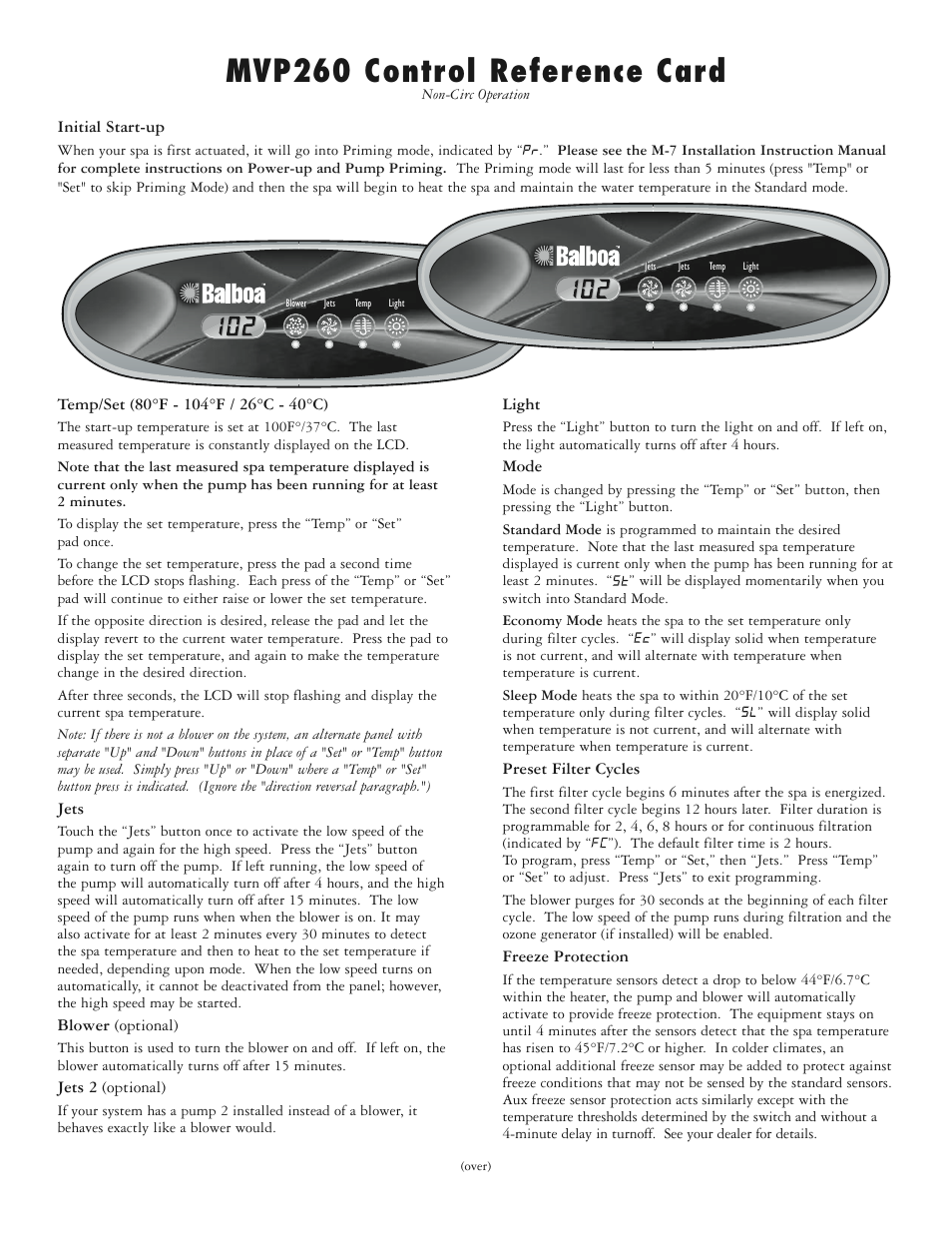 Balboa Water Group MVP260 Control Reference Card User Manual | 2 pages