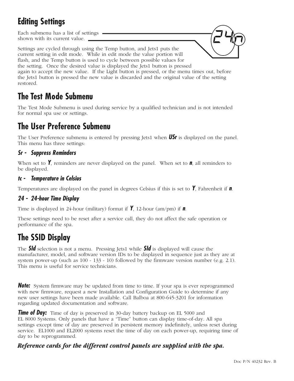 Editing settings, The test mode submenu, The user preference submenu | The ssid display | Balboa Water Group Mach 2.1 EL-Series User Manual | Page 4 / 4