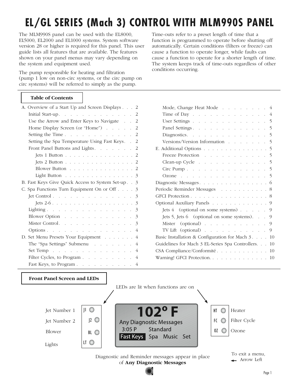 102º f, El/gl series (mach 3) control with mlm990s panel | Balboa Water Group MLM990S User Guide User Manual | Page 3 / 12