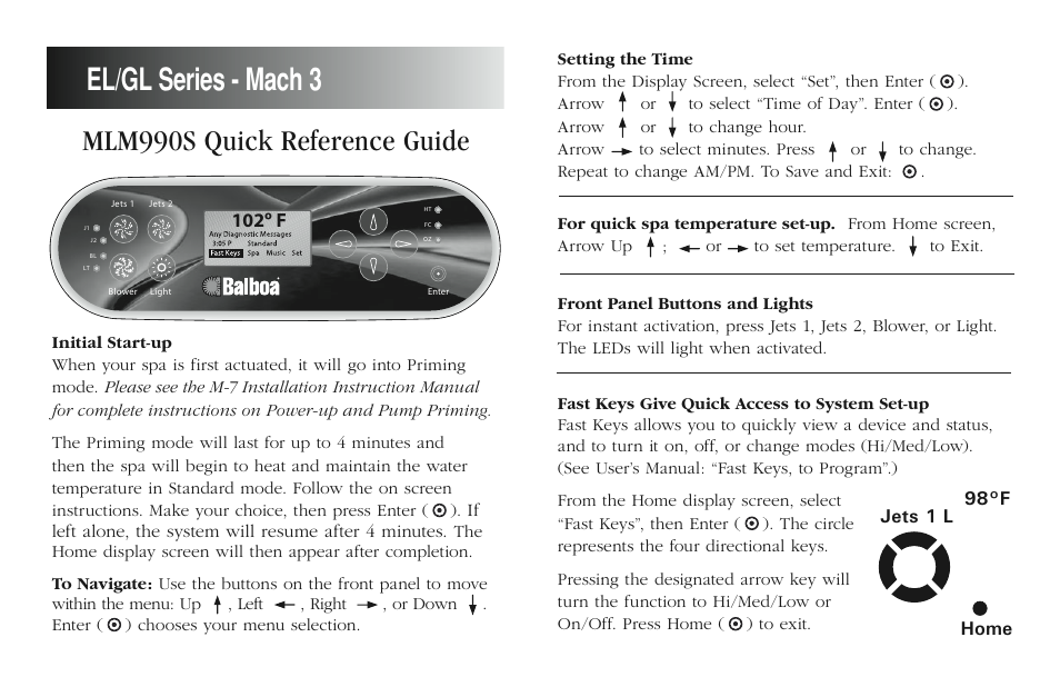 Balboa Water Group MLM990S Quick Reference User Manual | 2 pages