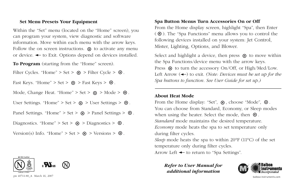 Balboa Water Group MLM990S Quick Reference User Manual | Page 2 / 2