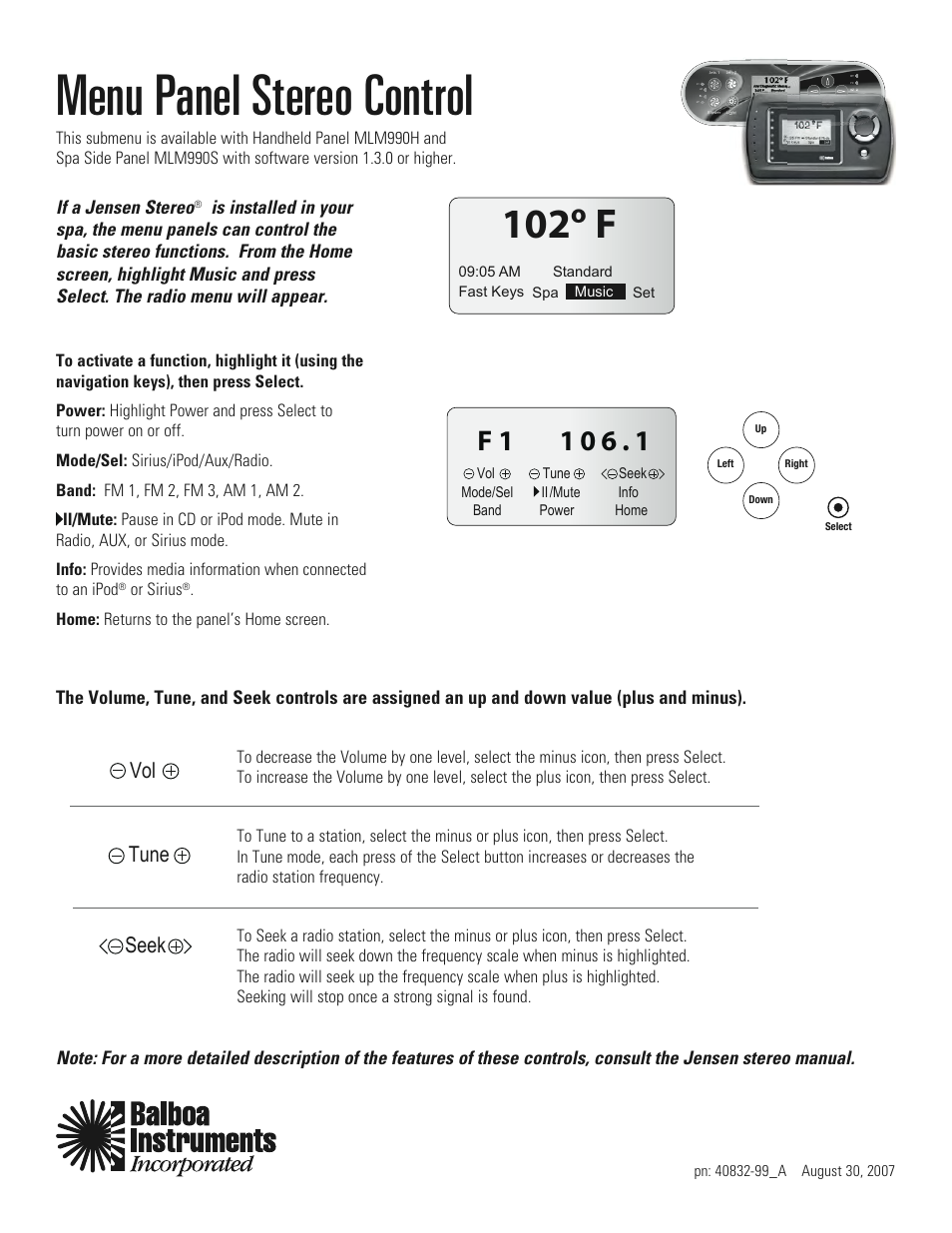 Balboa Water Group MLM990S Menu Panel Stereo Operation Guide User Manual | 1 page