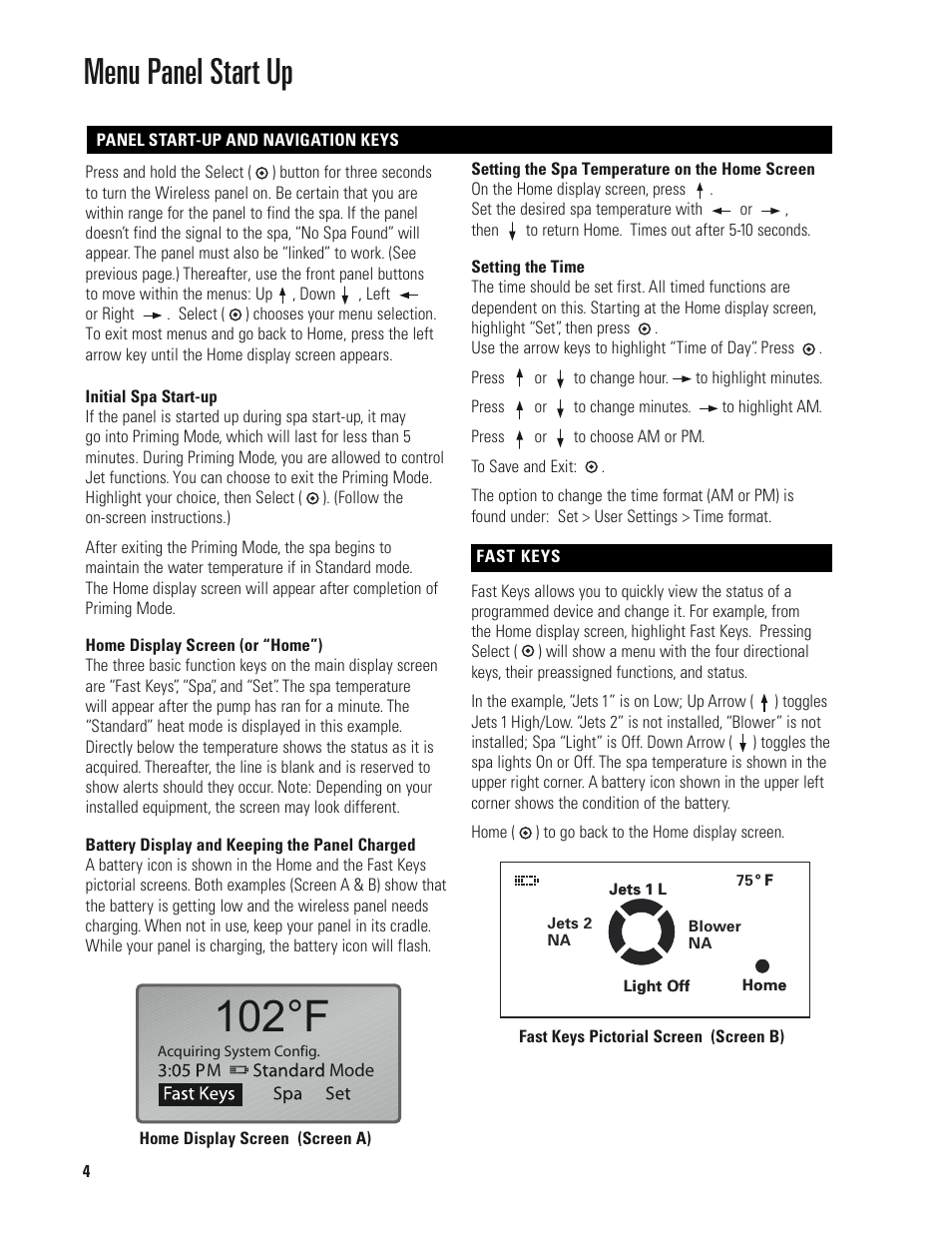 102°f, Menu panel start up | Balboa Water Group MLM990H User Guide User Manual | Page 4 / 12