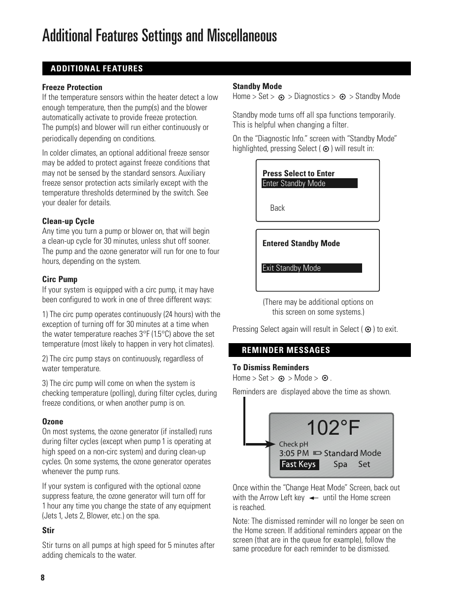 102°f, Additional features settings and miscellaneous | Balboa Water Group MLM990H User Guide User Manual | Page 8 / 12