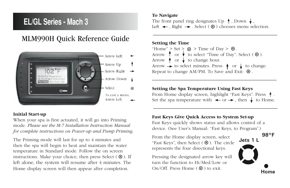 Balboa Water Group MLM990H Quick Reference User Manual | 2 pages