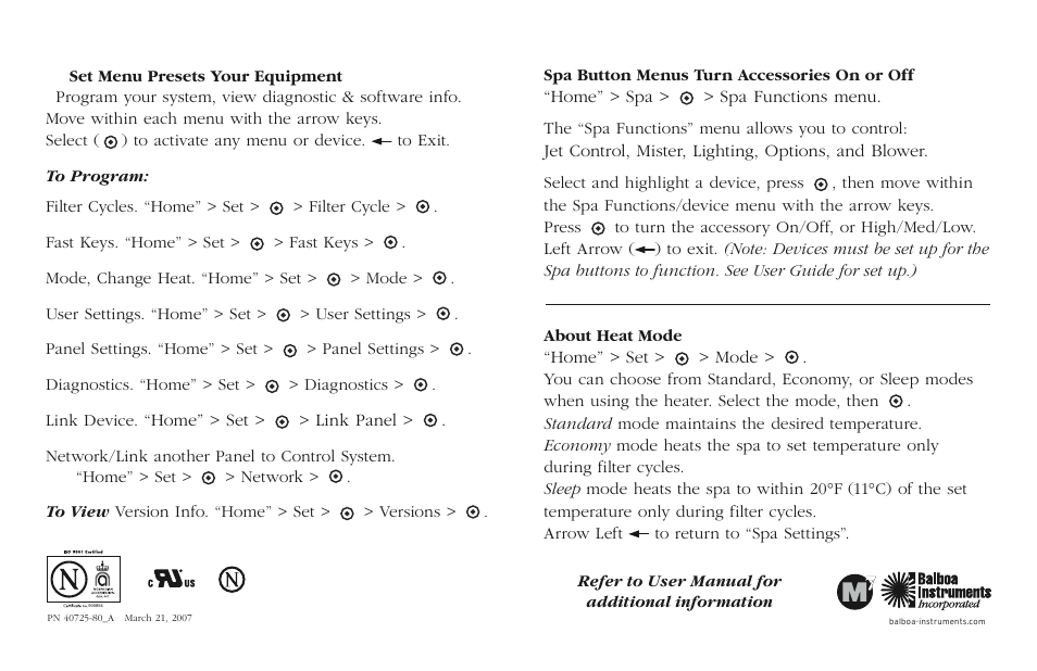 Balboa Water Group MLM990H Quick Reference User Manual | Page 2 / 2