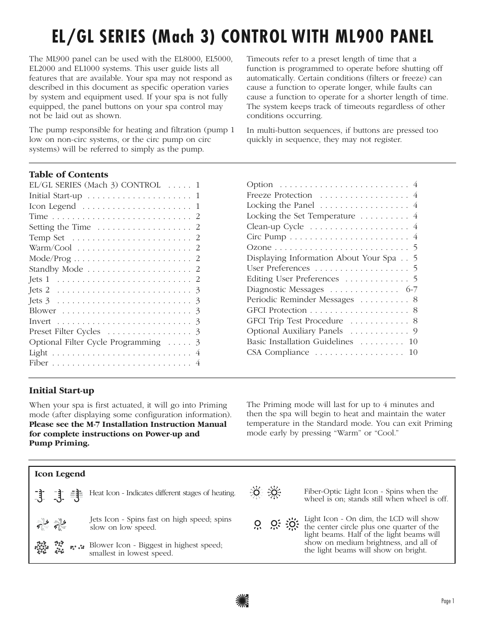 El/gl series (mach 3) control with ml900 panel | Balboa Water Group ML900 User Guide User Manual | Page 3 / 12