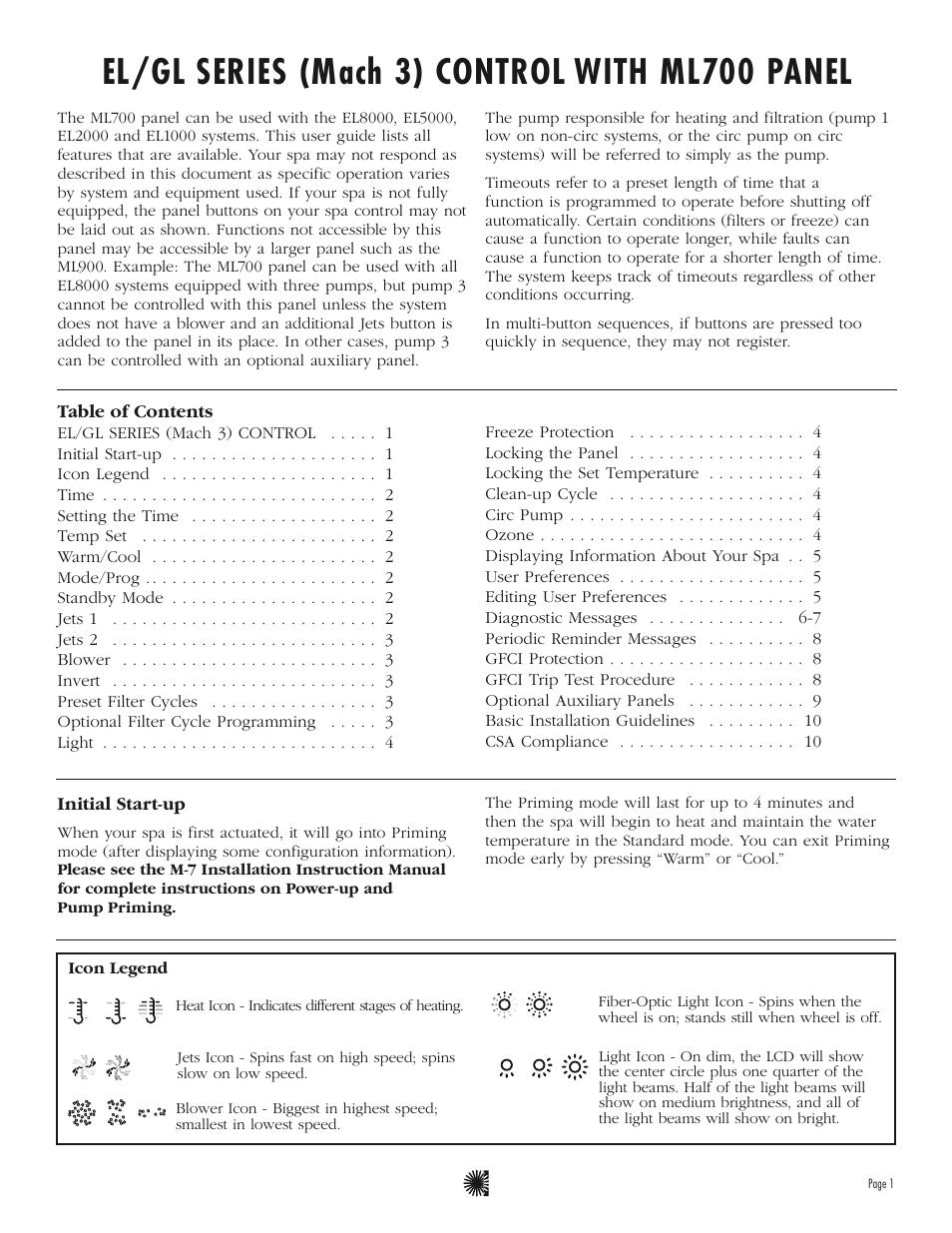 El/gl series (mach 3) control with ml700 panel | Balboa Water Group ML700 User Guide User Manual | Page 3 / 12