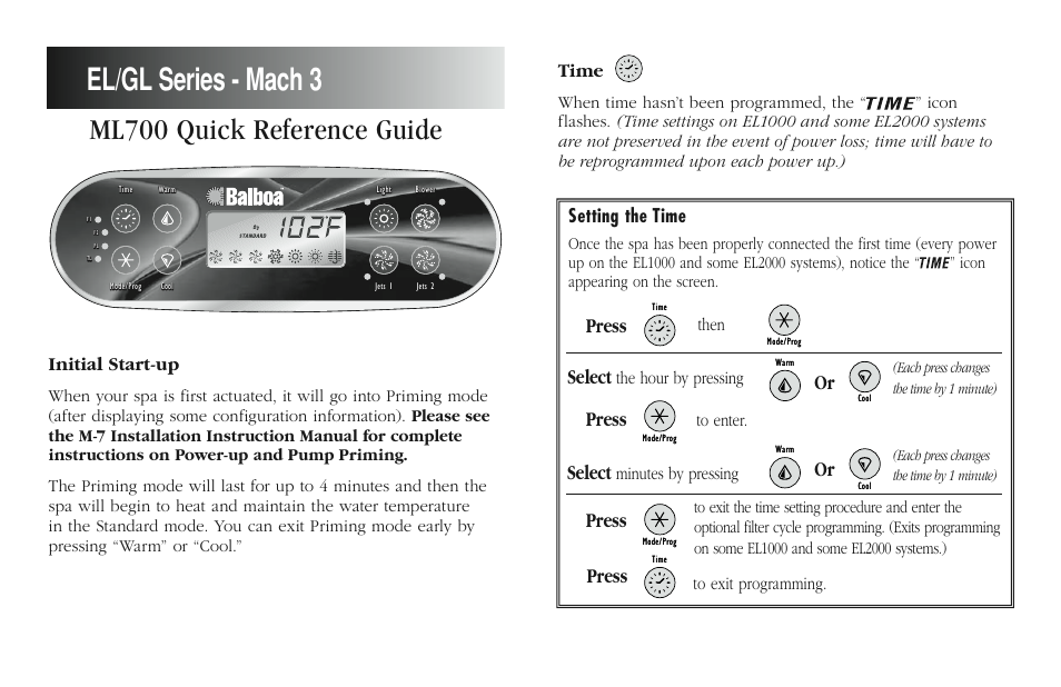 Balboa Water Group ML700 Quick Reference User Manual | 2 pages