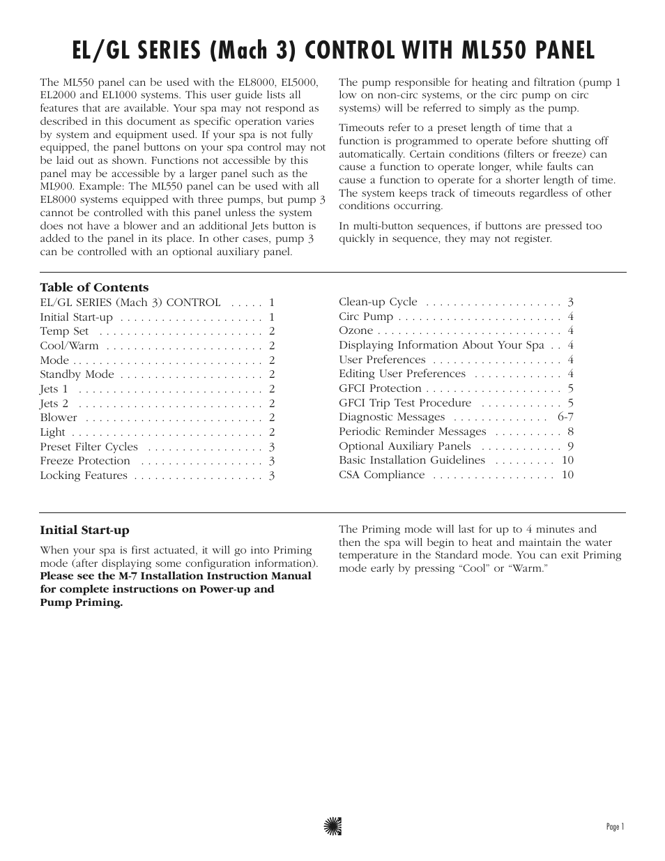 El/gl series (mach 3) control with ml550 panel | Balboa Water Group ML550 User Guide User Manual | Page 3 / 12
