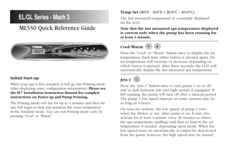 Balboa Water Group ML550 Quick Reference User Manual | 2 pages