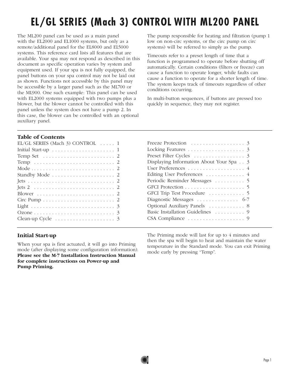 El/gl series (mach 3) control with ml200 panel | Balboa Water Group ML200 User Guide User Manual | Page 3 / 12