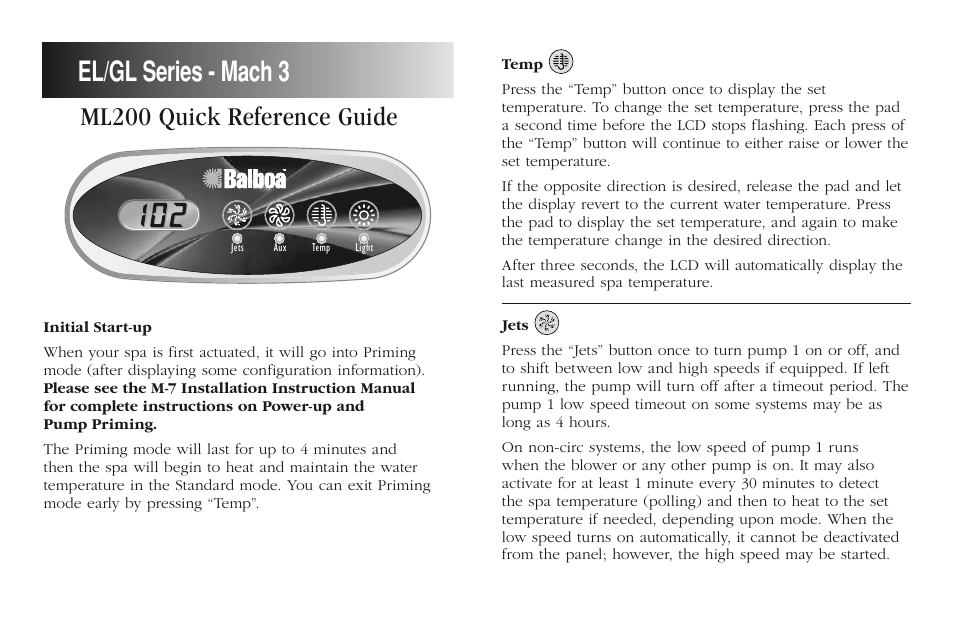 Balboa Water Group ML200 Quick Reference User Manual | 2 pages