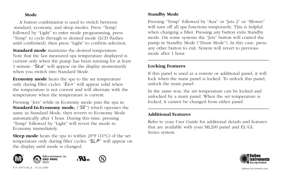 Balboa Water Group ML200 Quick Reference User Manual | Page 2 / 2