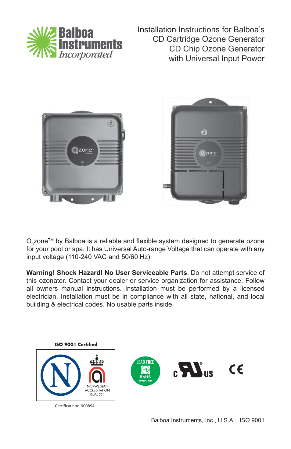 Balboa Water Group Corona Discharge Ozone User Manual | 4 pages