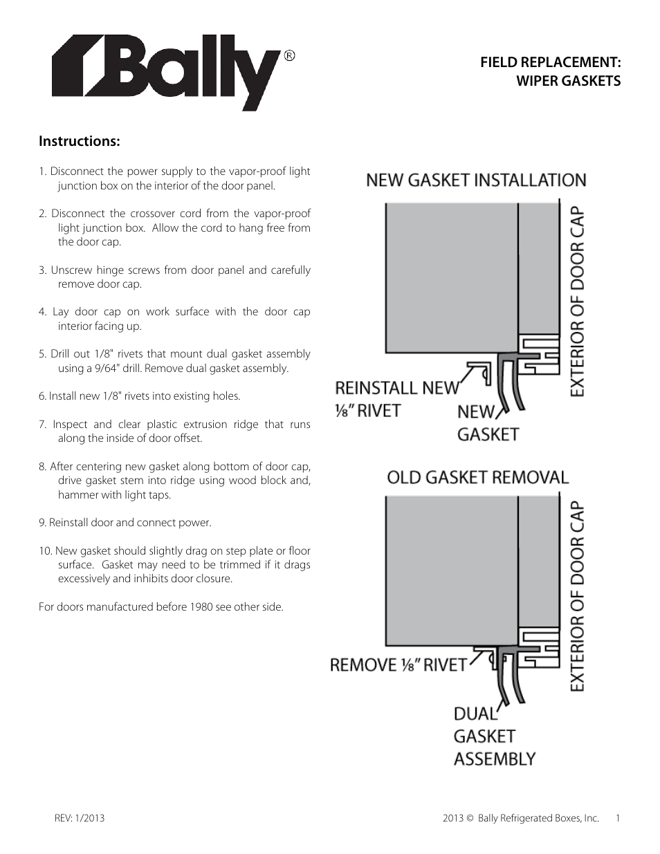 Bally Refrigerated Boxes Wiper Gasket Replacement User Manual | 2 pages