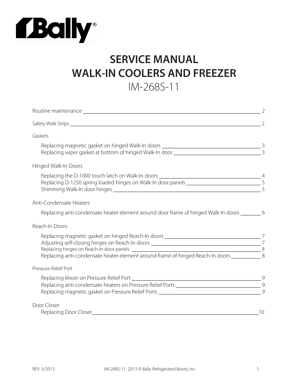 Bally Refrigerated Boxes Walk-In Service Manual User Manual | 10 pages