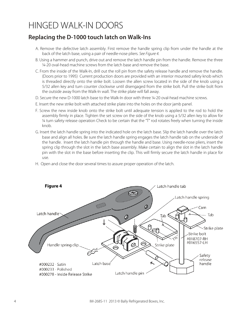 Hinged walk-in doors, Replacing the d-1000 touch latch on walk-ins | Bally Refrigerated Boxes Walk-In Service Manual User Manual | Page 4 / 10