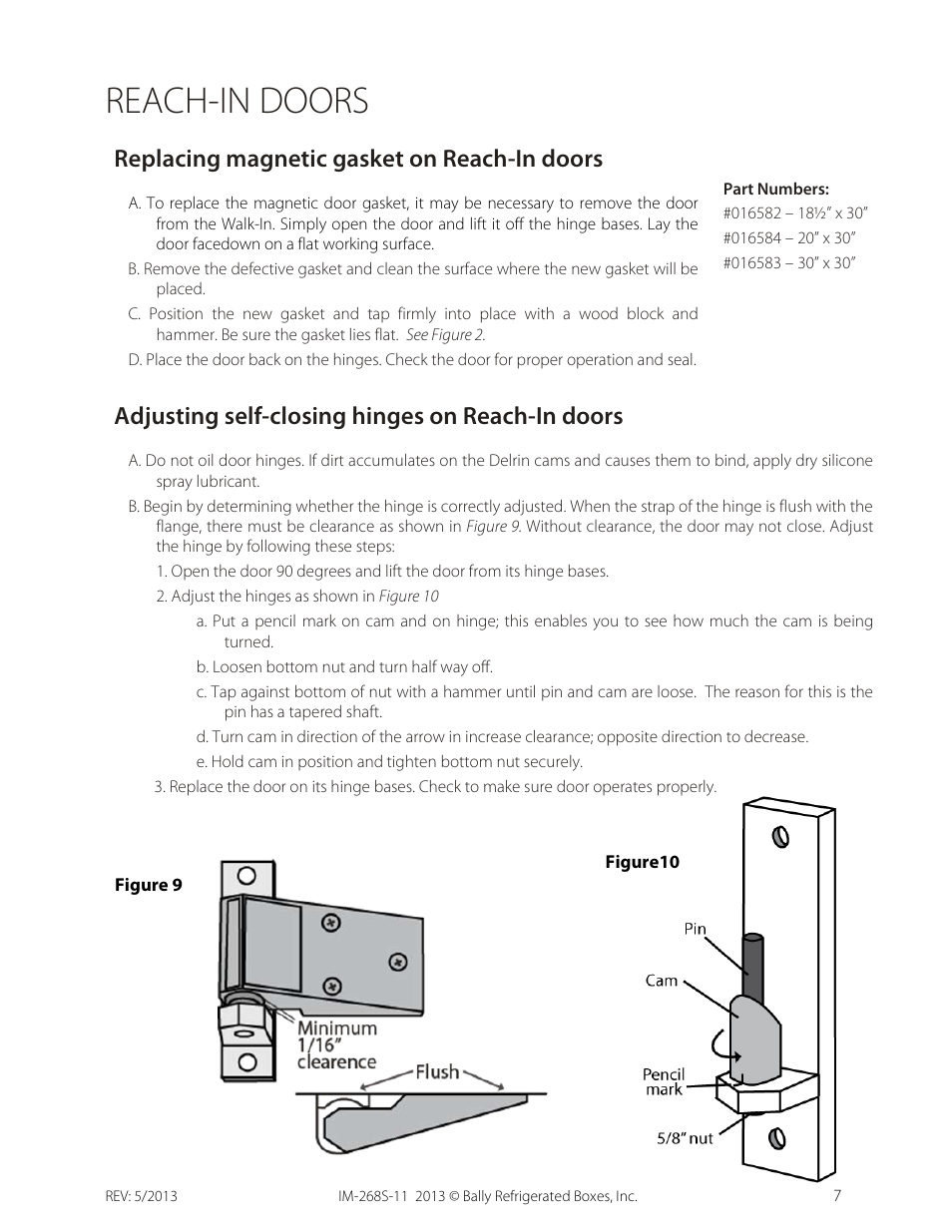 Reach-in doors, Replacing magnetic gasket on reach-in doors, Adjusting self-closing hinges on reach-in doors | Bally Refrigerated Boxes Walk-In Service Manual User Manual | Page 7 / 10