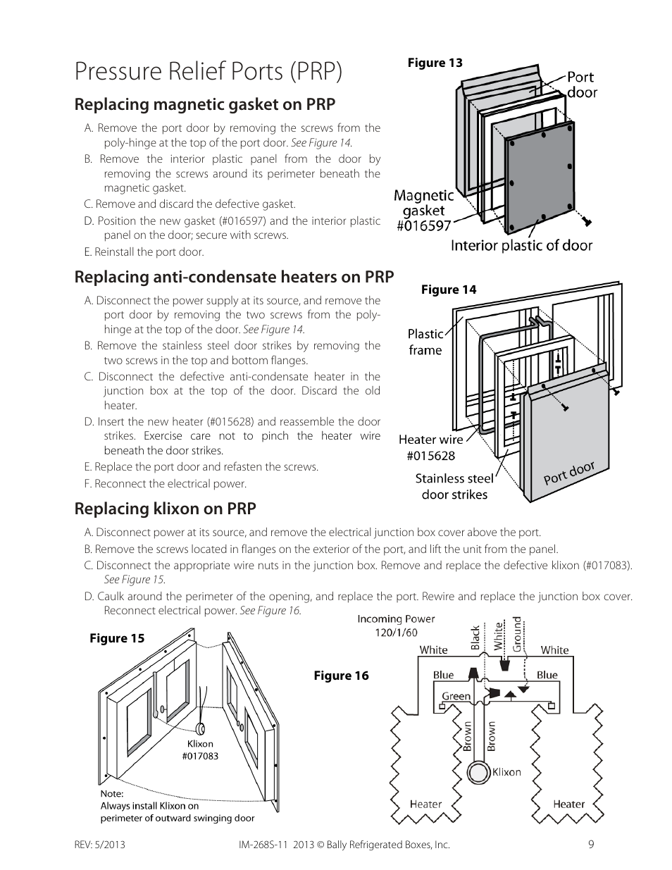 Pressure relief ports (prp), Replacing magnetic gasket on prp, Replacing anti-condensate heaters on prp | Replacing klixon on prp | Bally Refrigerated Boxes Walk-In Service Manual User Manual | Page 9 / 10