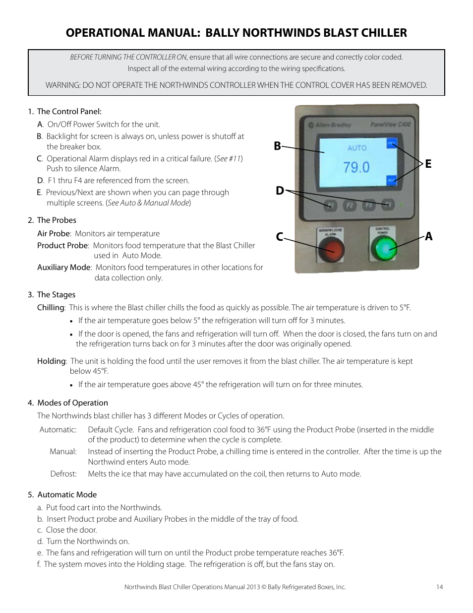 Operation man 2013, Operational manual: bally northwinds blast chiller, Ac b d e | Bally Refrigerated Boxes 1000 Northwind Blast Chiller User Manual | Page 14 / 17
