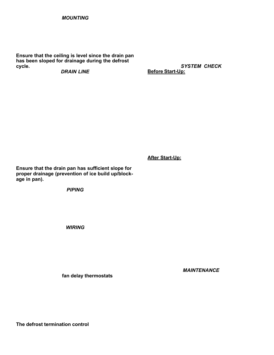 Mounting, Drain line, Piping | Wiring, System check, Maintenance | Bally Refrigerated Boxes BB Medium Profile Unit Coolers User Manual | Page 10 / 12