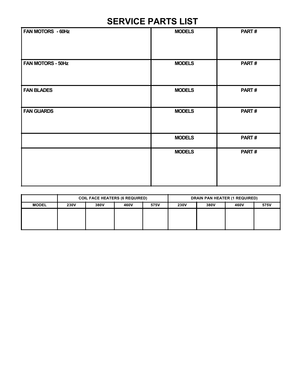 Service parts list | Bally Refrigerated Boxes BB Medium Profile Unit Coolers User Manual | Page 11 / 12