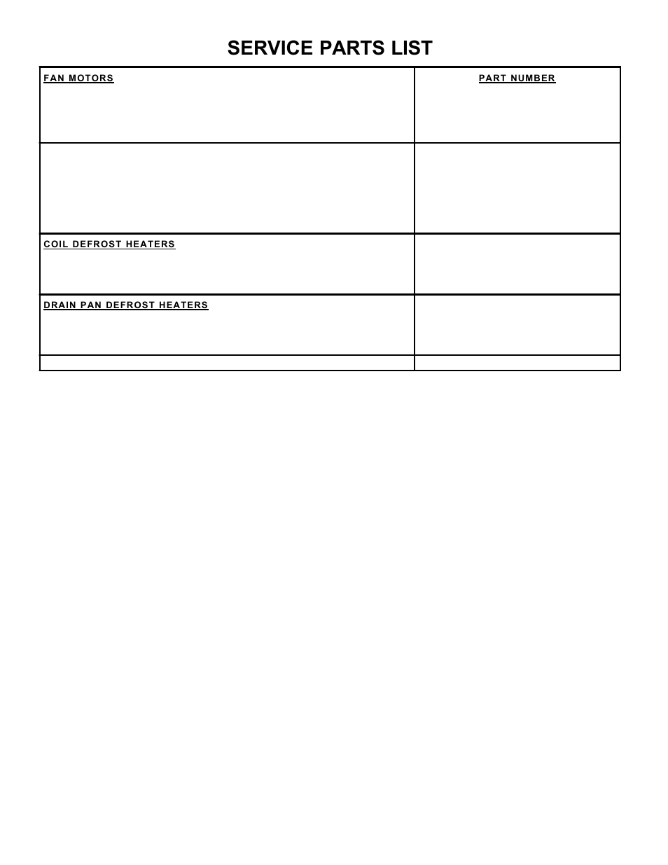 Service parts list | Bally Refrigerated Boxes BC Air, Electric, and Hot Gas Defrost Blast Coolers User Manual | Page 14 / 16