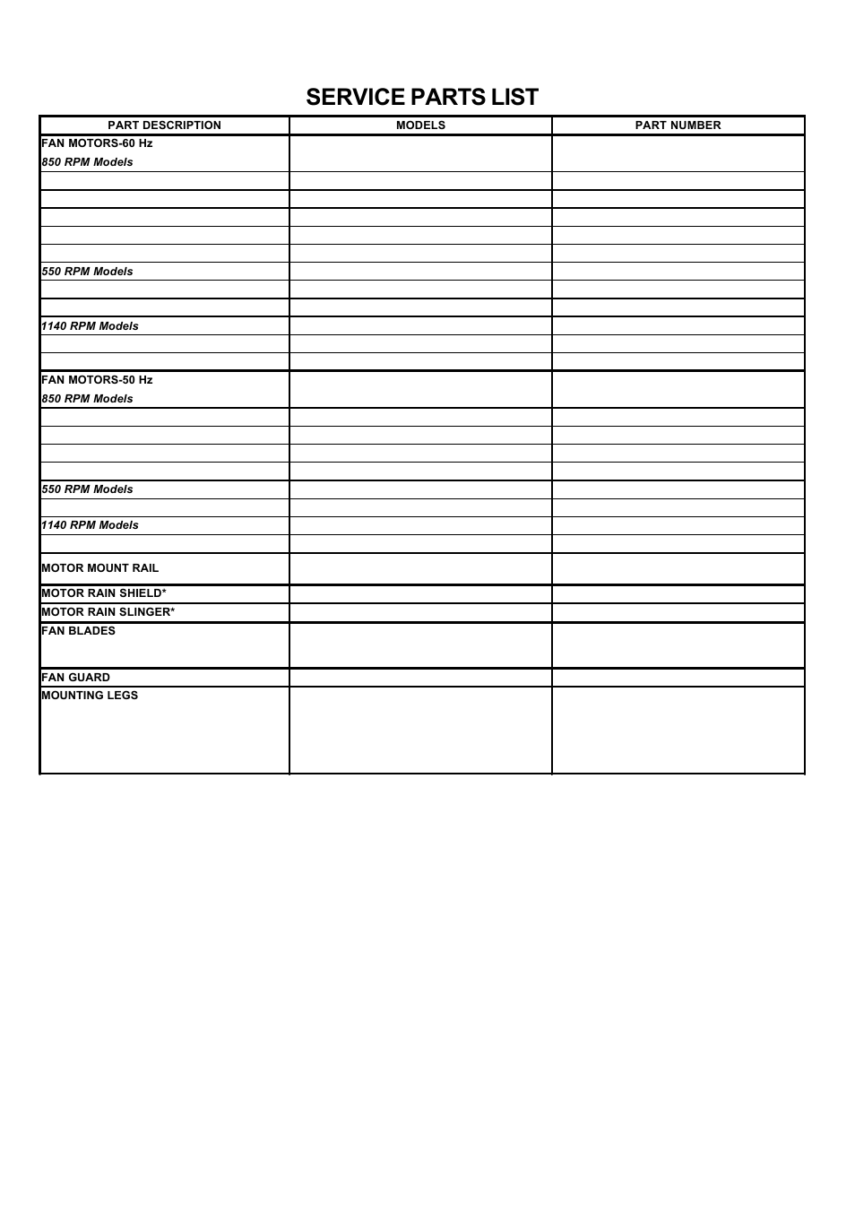 Service parts list | Bally Refrigerated Boxes BVC Generation C – Direct Drive Air-Cooled – Vertical Air User Manual | Page 38 / 40