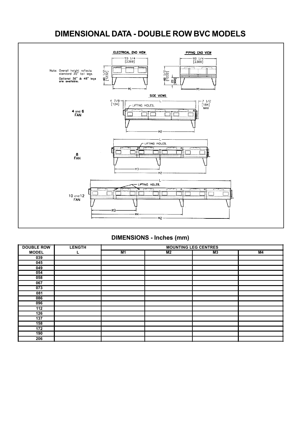 Double row, Dimensional data - double row bvc models, 7 - dimensions - inches (mm) | Bally Refrigerated Boxes BVC Generation C – Direct Drive Air-Cooled – Vertical Air User Manual | Page 7 / 40