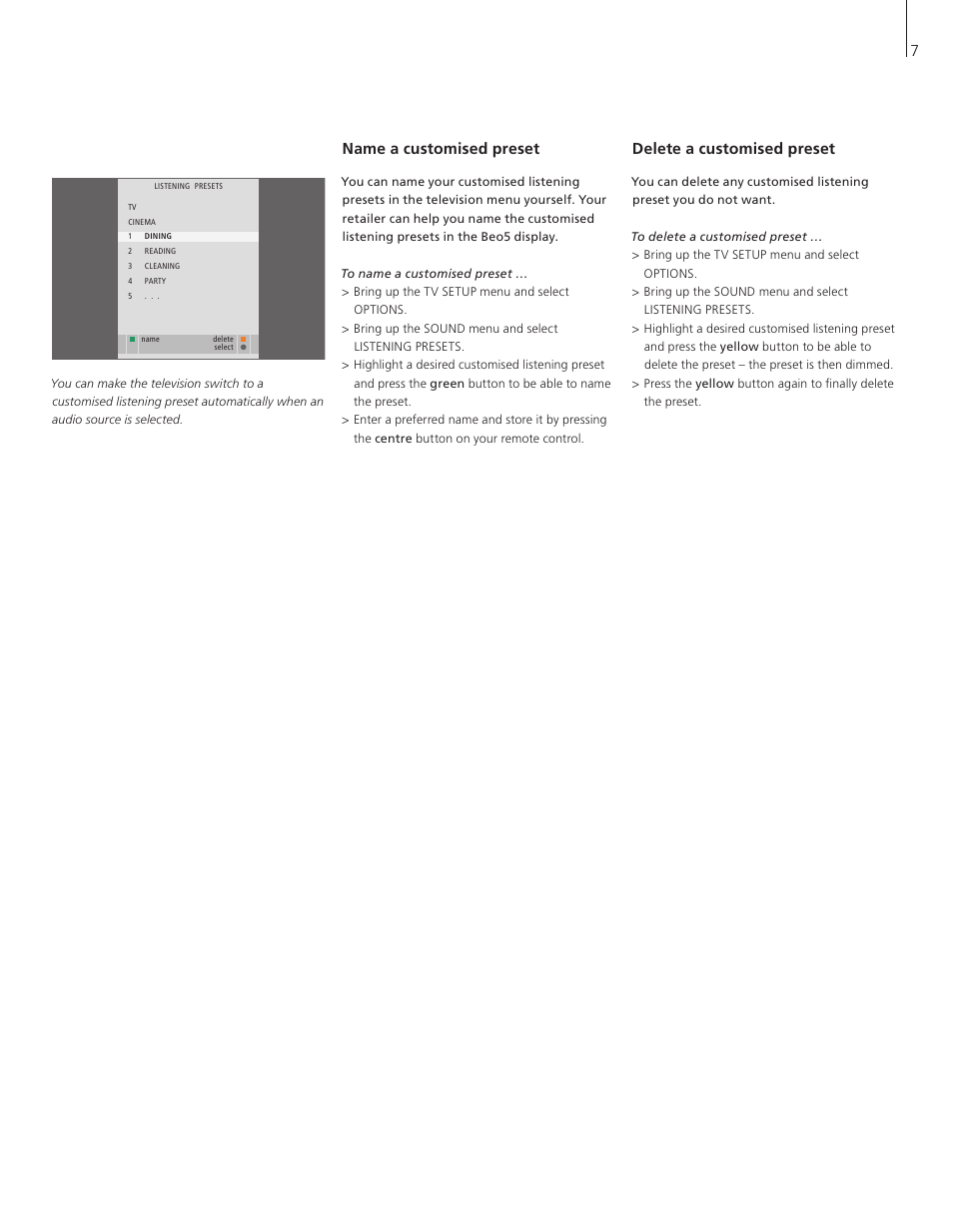 Name a customised preset, Delete a customised preset | Bang & Olufsen Adaptive Sound Technology - User Guide User Manual | Page 7 / 8