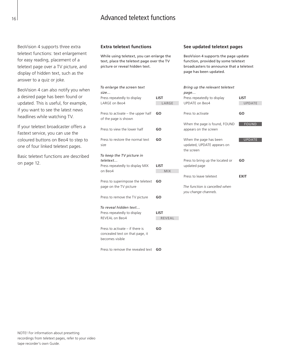 Advanced teletext functions, Extra teletext functions | Bang & Olufsen BeoVision 4-37/44 - User Guide User Manual | Page 16 / 44