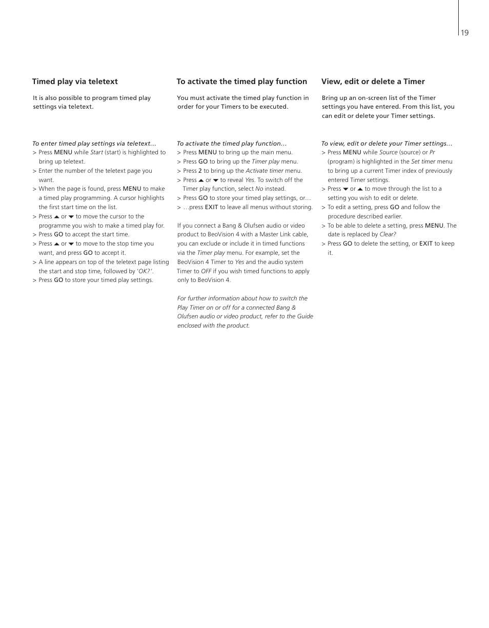 Timed play via teletext, To activate the timed play function, View, edit or delete a timer | Bang & Olufsen BeoVision 4-37/44 - User Guide User Manual | Page 19 / 44