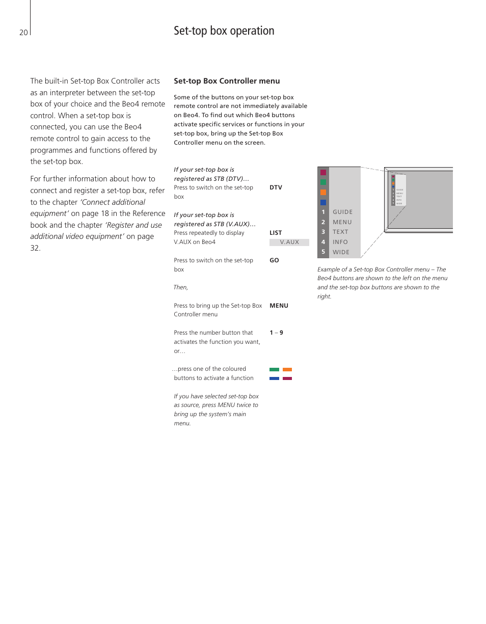 Set-top box operation, Set-top box controller menu | Bang & Olufsen BeoVision 4-37/44 - User Guide User Manual | Page 20 / 44